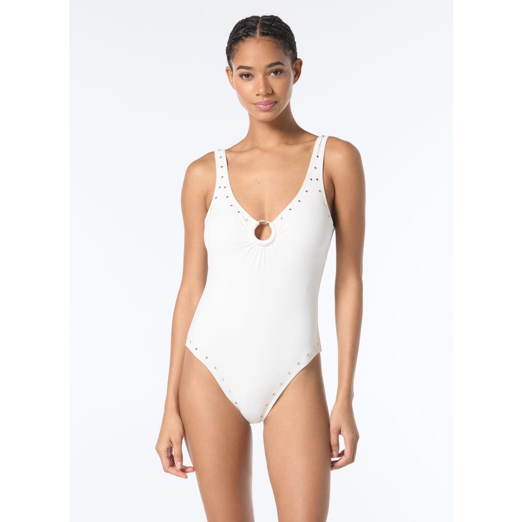 Michael Michael Kors Studded O Ring Scoop Neck One Piece Swimsuit In White
