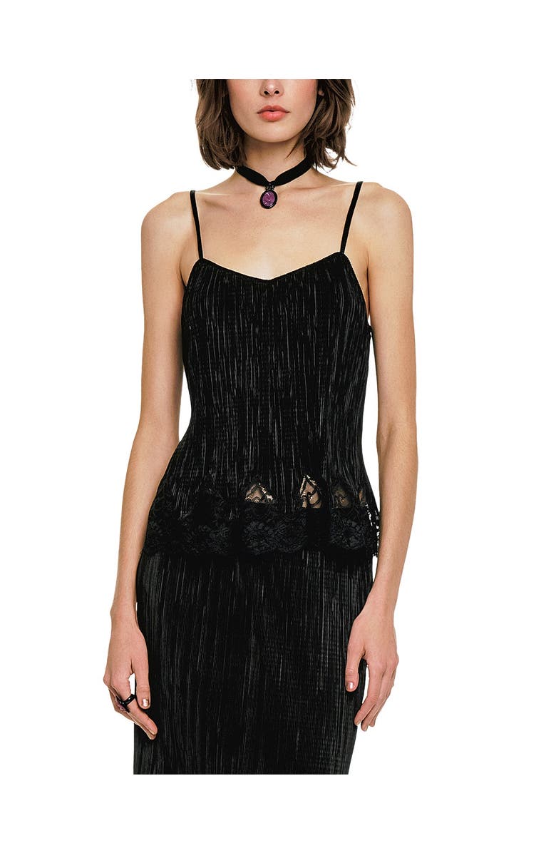 Anna Sui Plisse Lace Trimmed Camisole, Main, color, Black