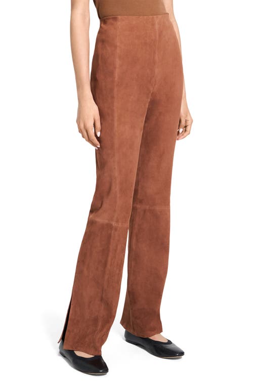 Theory Slit Hem Straight Leg Suede Pants In Brown