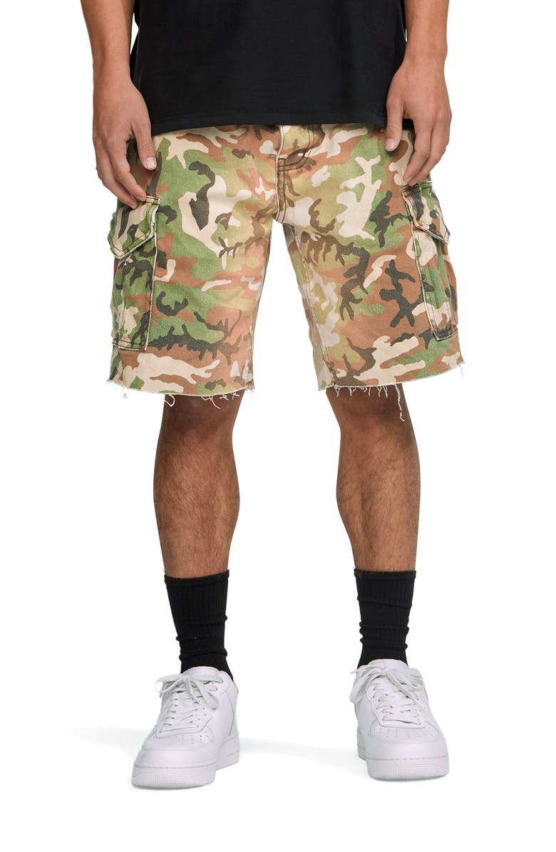PURPLE BRAND Camo Raw Edge Stretch Twill Cargo Shorts, Main, color, 