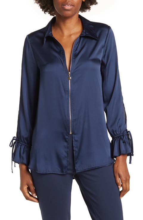 Italia Front-zip Silk Collared Blouse