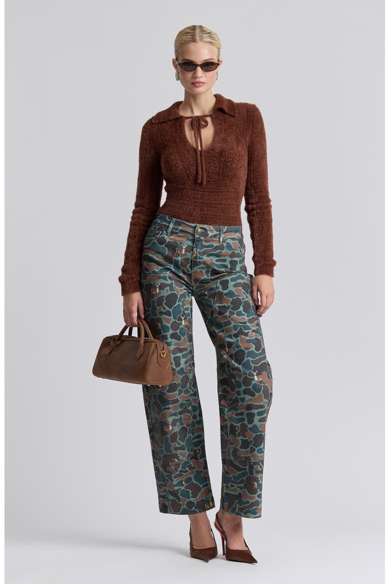 Mixed Pointelle Sweater with Fuzzy Collar, Alternate, color, RUSSET