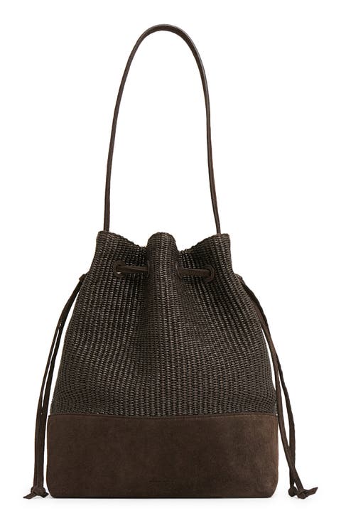 Drawstring Woven Raffia & Suede Bucket Bag
