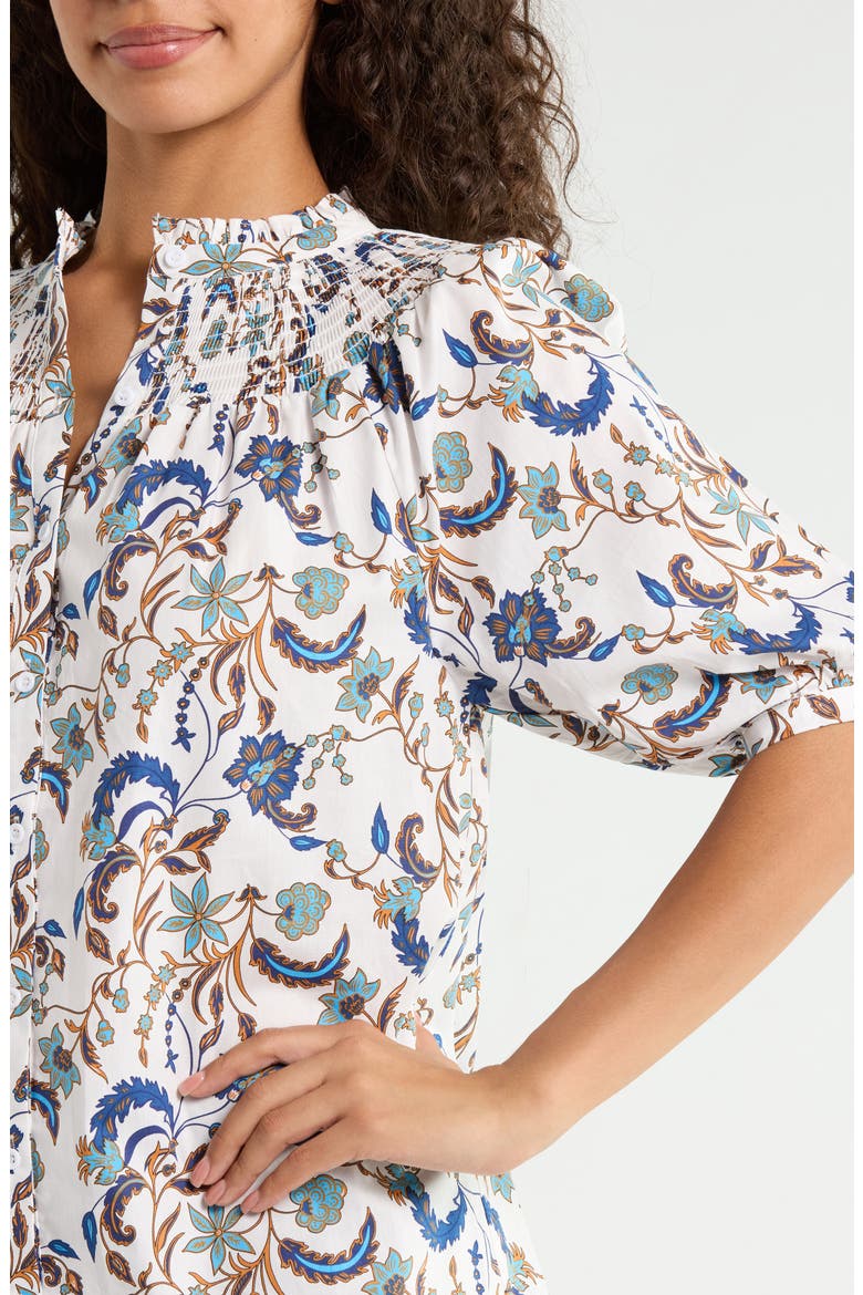 Ralston Smocked Floral Cotton Button-Up Top, Alternate, color, OFF-WHITE-MULTI