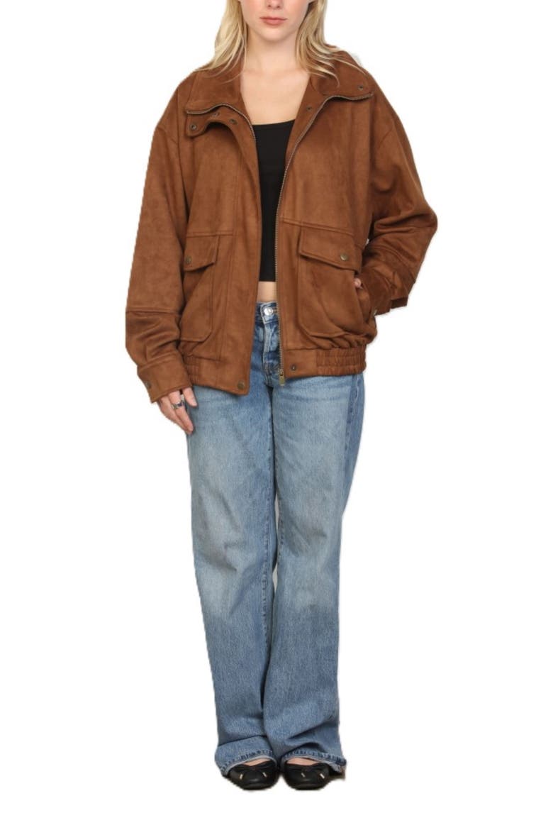 Faux Suede Funnel Neck Jacket, Alternate, color, COGNAC