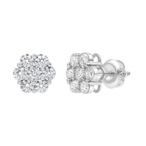 Mirage 14K White Gold Flower Cluster Diamond Unisex Earrings - 2.07 Ct