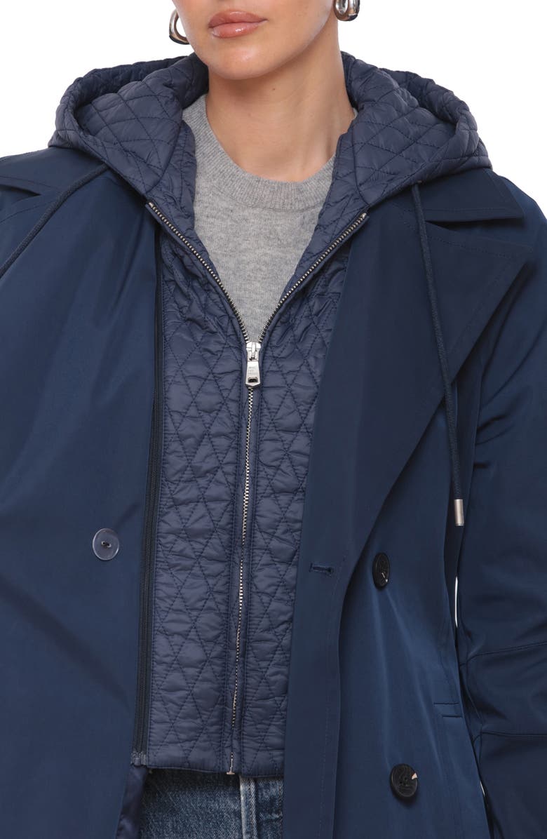 Avec Les Filles Double Breasted Trench Coat with Hooded Quilted Dickey, Alternate, color, Navy