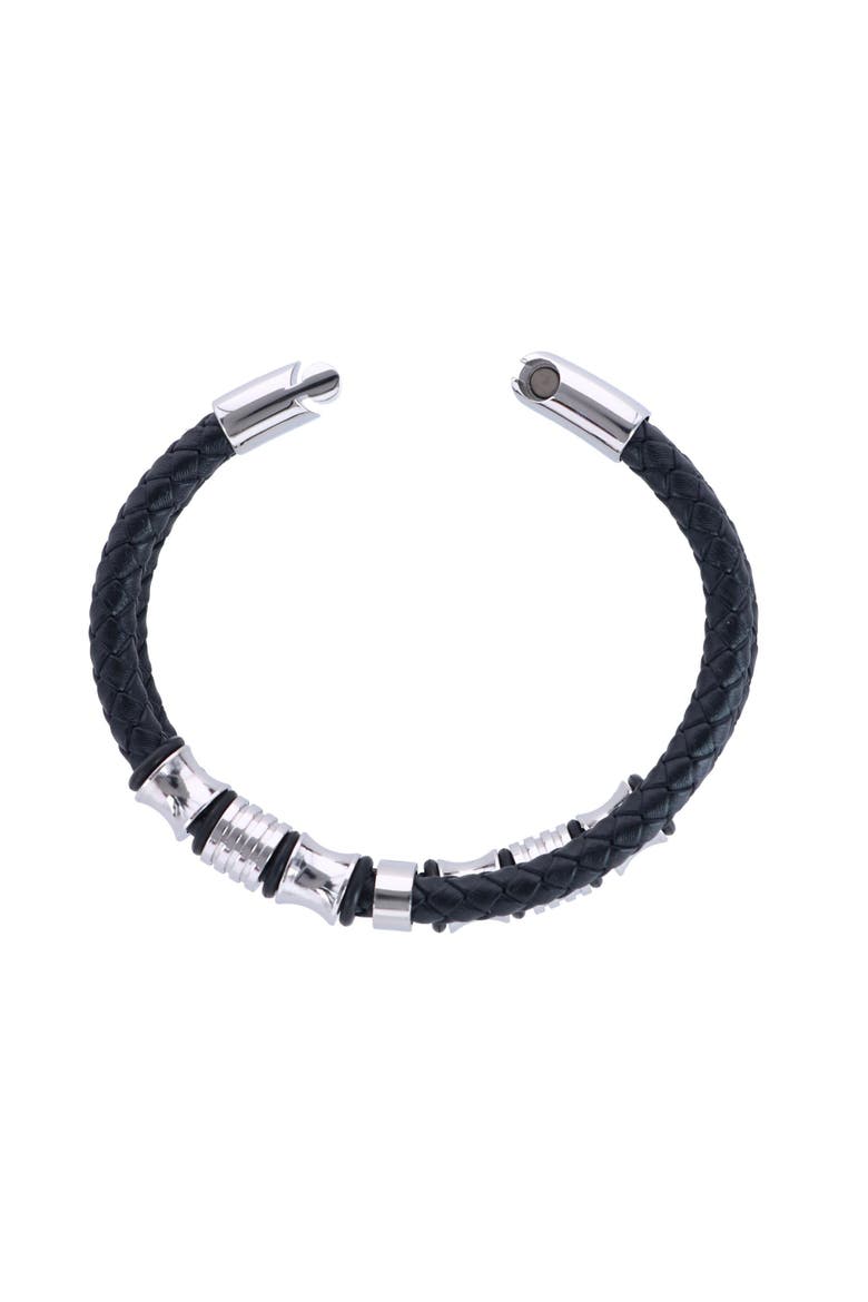 Silver and Leather Double Band Secure Clasp Bracelet, Alternate, color, Black and Silver
