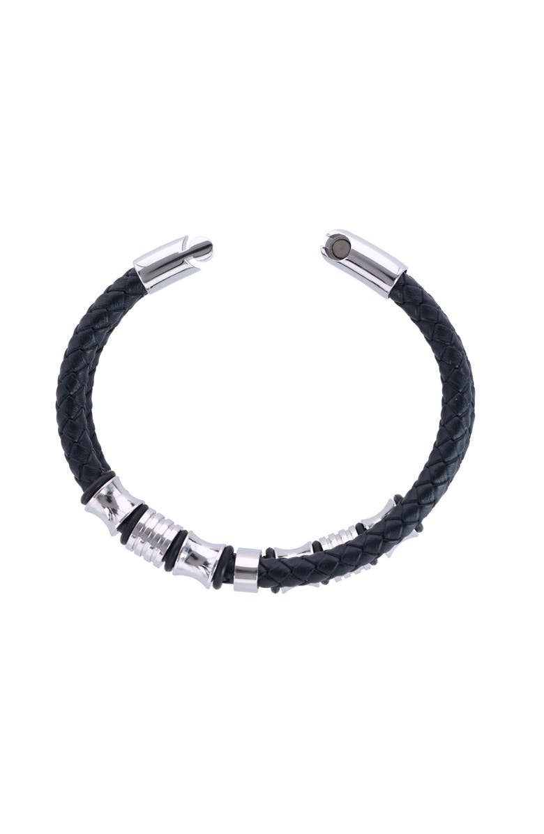 Trafalgar Silver and Leather Double Band Secure Clasp Bracelet, Alternate, color, Black And Silver