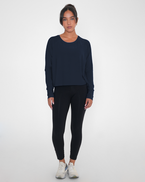 Rebody Active Sera Mid Length Boxy Nylon Long Sleeve Top In Blue