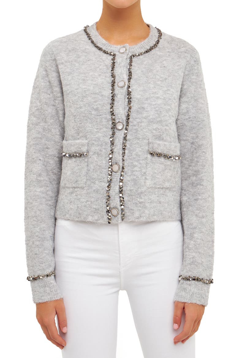 Sequin Trim Cardigan, Alternate, color, HEATHER GREY