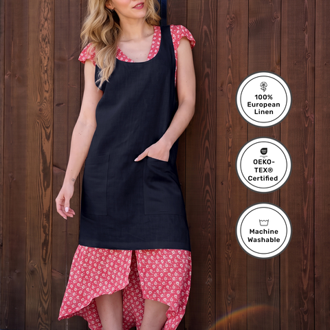 Linen Cross-Back Pinafore Apron with Pockets, 35 x 45 Inches