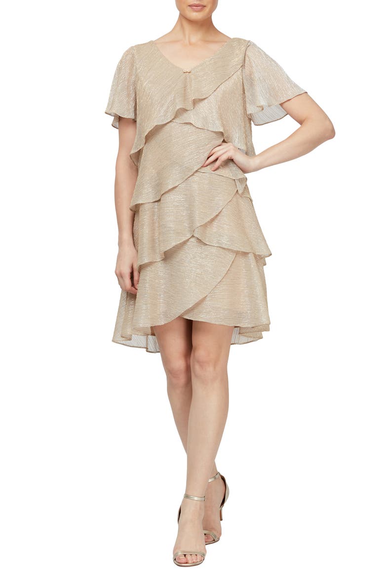 Embellished V-Neck Short Sleeve Shimmer Bodre Tier Cocktail Dress, Main, color, GOLD
