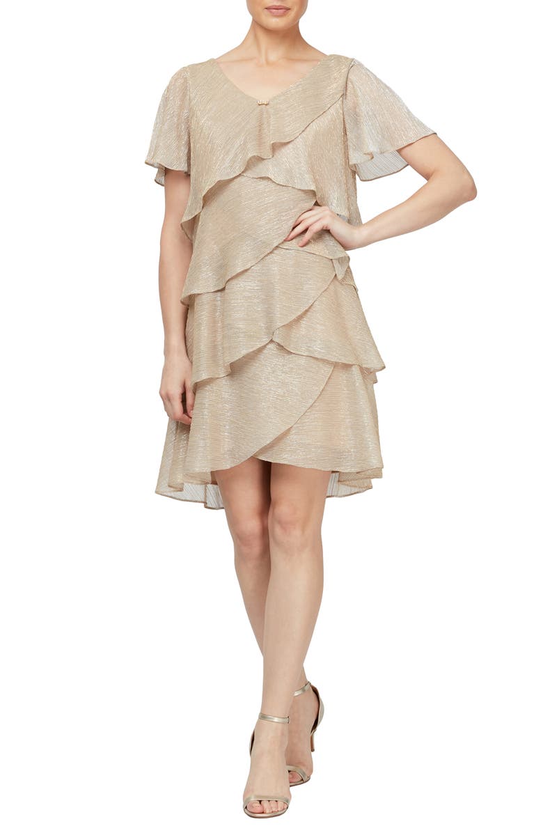 SL FASHIONS Embellished V-Neck Short Sleeve Shimmer Bodre Tier Cocktail Dress, Main, color, Gold