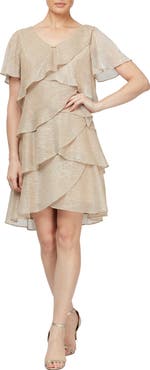 SL FASHIONS Embellished V-Neck Short Sleeve Shimmer Bodre Tier Cocktail Dress