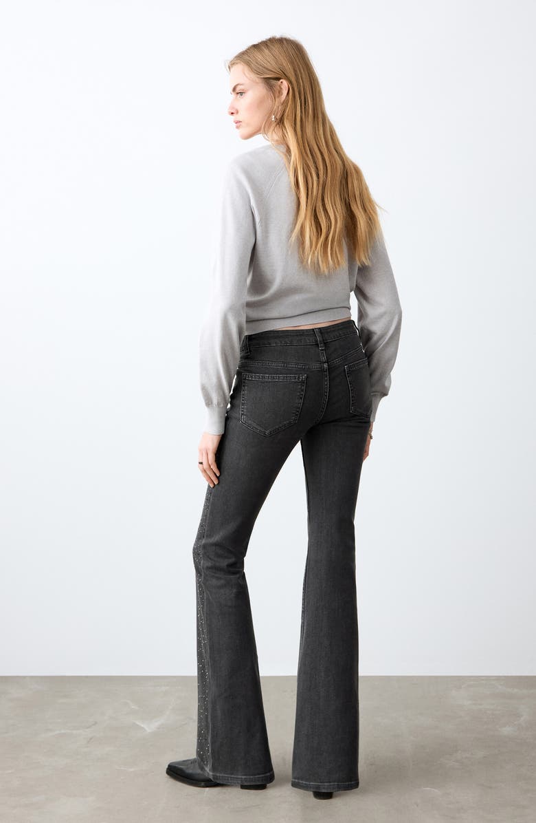 MANGO TEEN Rhinestone Embellished Low Rise Flare Jeans, Alternate, color, Black Denim