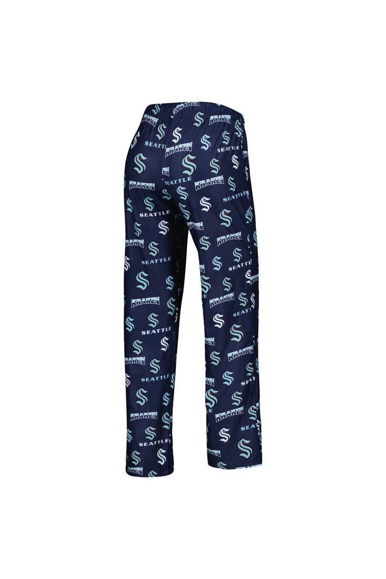 Women's Concepts Sport Deep Sea Blue Seattle Kraken Breakthrough Allover Logo Sleep Pants, Alternate, color, Navy