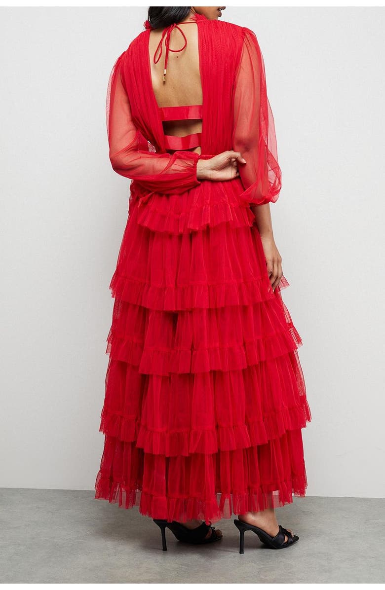 Warehouse Ruffle Neck Tulle Maxi Dress, Alternate, color, Red