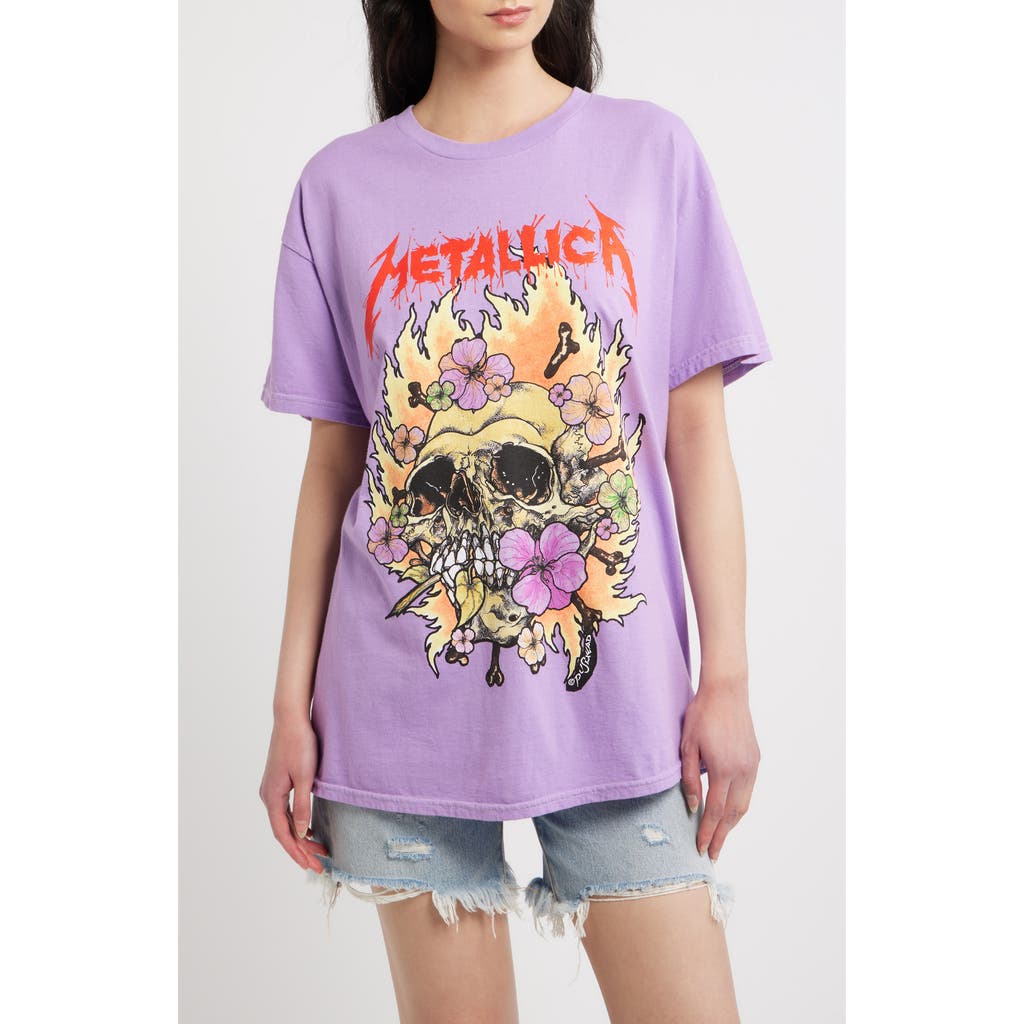 Merch Traffic Metallica Fire Scull Cotton Graphic T-shirt In Purple