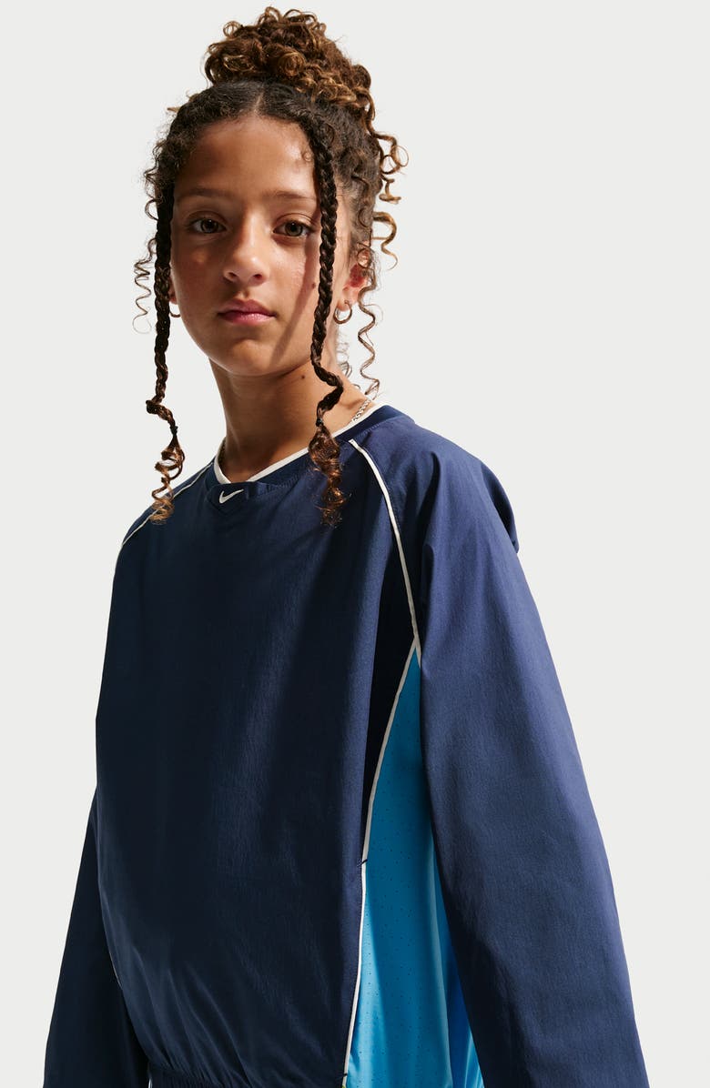 Nike Kids' Woven Long Sleeve V-Neck T-Shirt, Alternate, color, Midnight Navy/ Soft Pearl