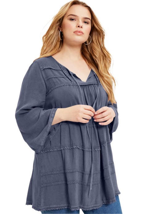 Acid Wash Peasant Blouse (Plus Available)