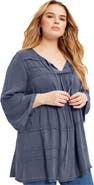 June + Vie Acid Wash Peasant Blouse