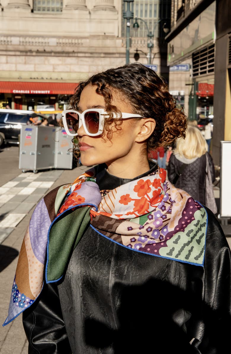 Jessie Zhao New York Double Sided Wool Silk Scarf Of Floral Mountain, Alternate, color, Blue