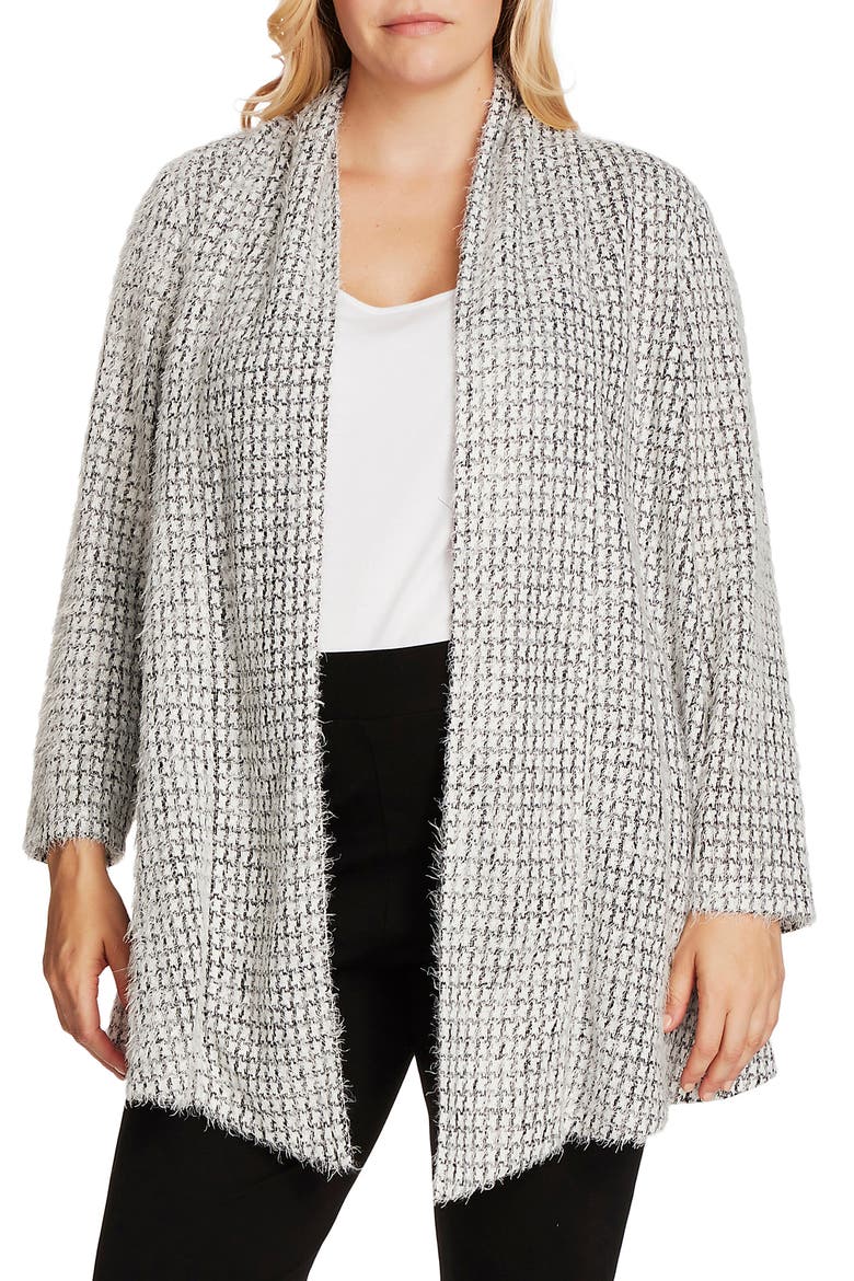 Drape Front Eyelash Houndstooth Cardigan, Main, color, RICH BLACK