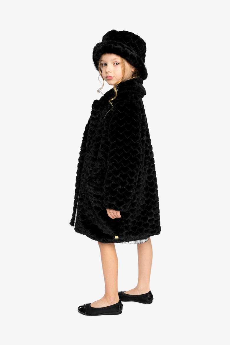 Heart Textured Faux Fur Button Front Long Coat, Alternate, color, Black