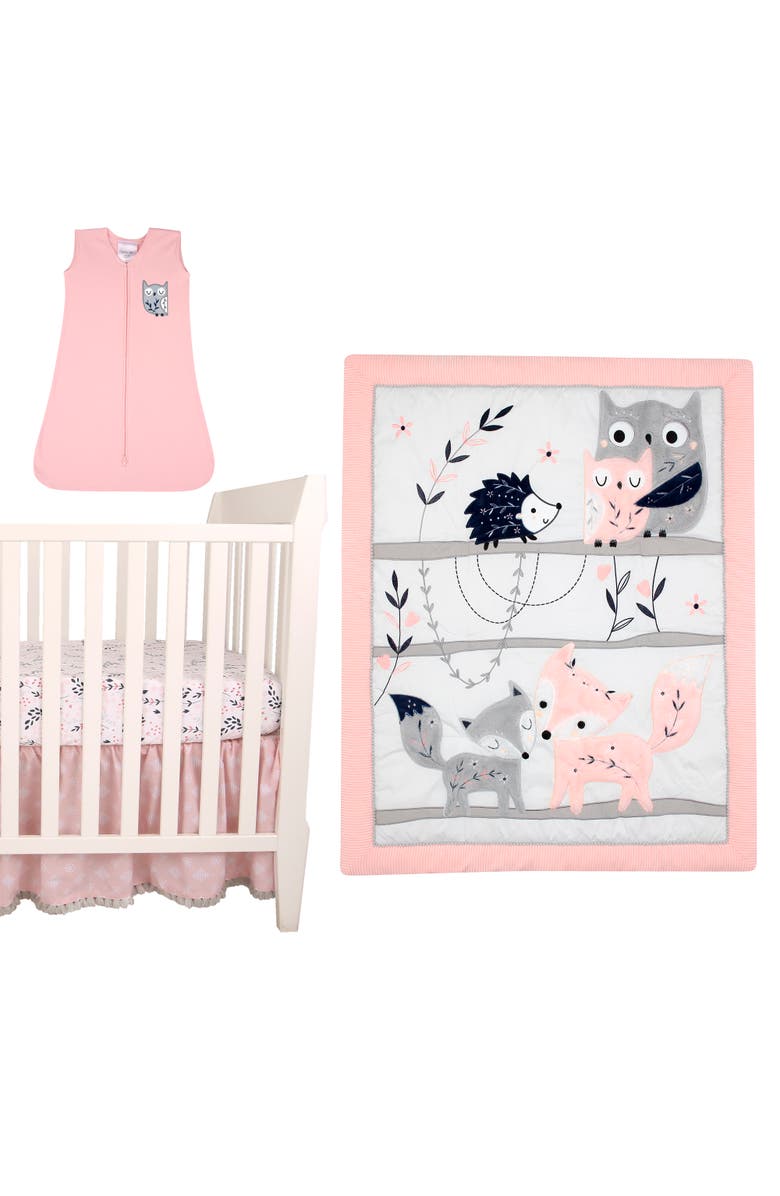 Lambs & Ivy Forever Friends Woodland Fox/Owl 4-Piece Nursery Crib Baby Bedding Set, Main, color, Pink