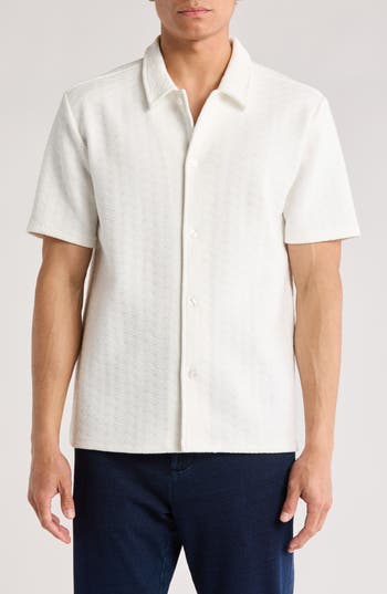 Fleece Factory Diamond Jacquard Short Sleeve Button-down Shirt In Ivory