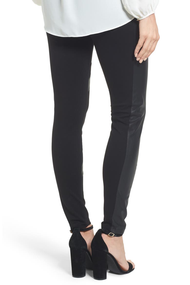 Faux Leather Chevron Panel Ponte Leggings, Alternate, color, RICH BLACK