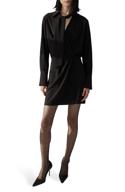 Mango Wrap Bodice Long Sleeve Dress With Removable Scarf In Black