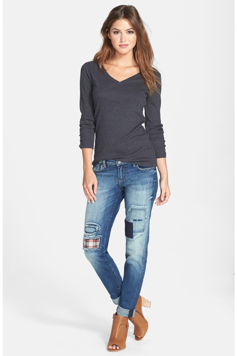 Ruched Three Quarter Sleeve V-Neck Tee, Alternate, color, HEATHER CHARCOAL