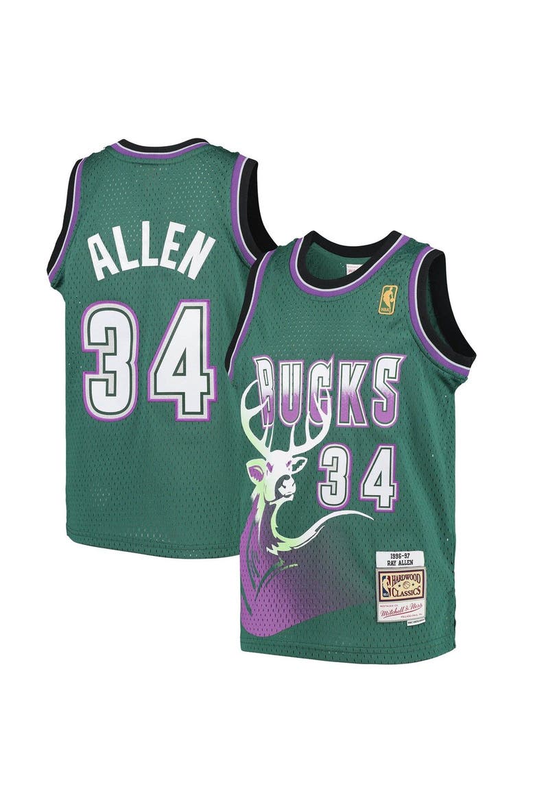 Youth Mitchell & Ness Ray Allen Green Milwaukee Bucks 1996-97 Hardwood Classics Swingman Jersey, Main, color, Green