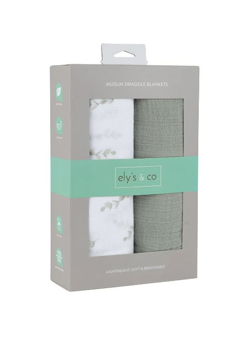 Cotton Muslin Swaddle Blanket 2 Pack, Alternate, color, Eucalyptus Print/Solid Sage