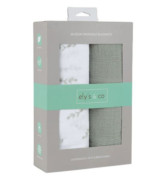 Swaddle Blanket Cotton Muslin 2 Pack In Eucalyptus Print/solid Sage