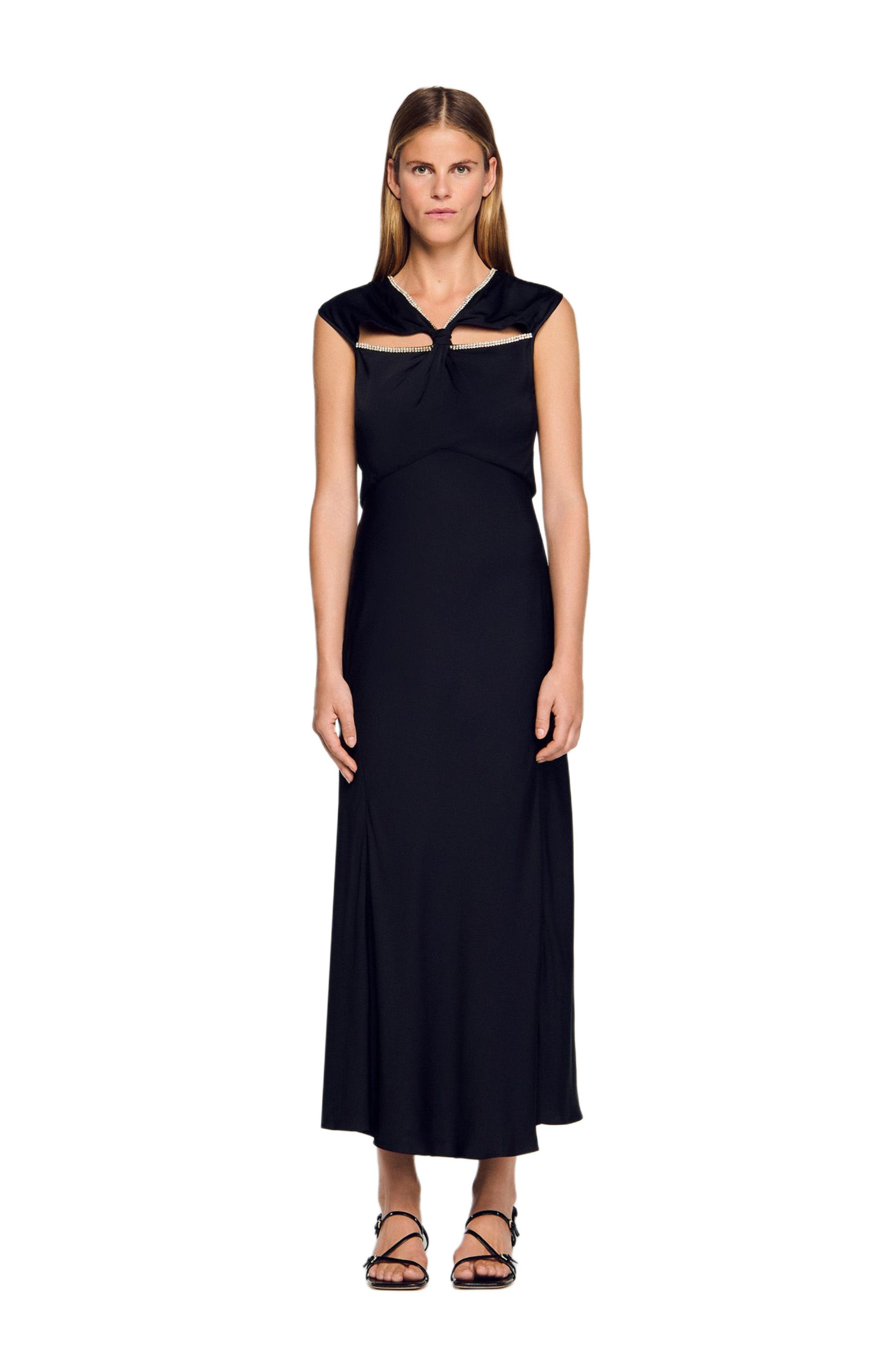 Satin maxi dress with rhinestones
