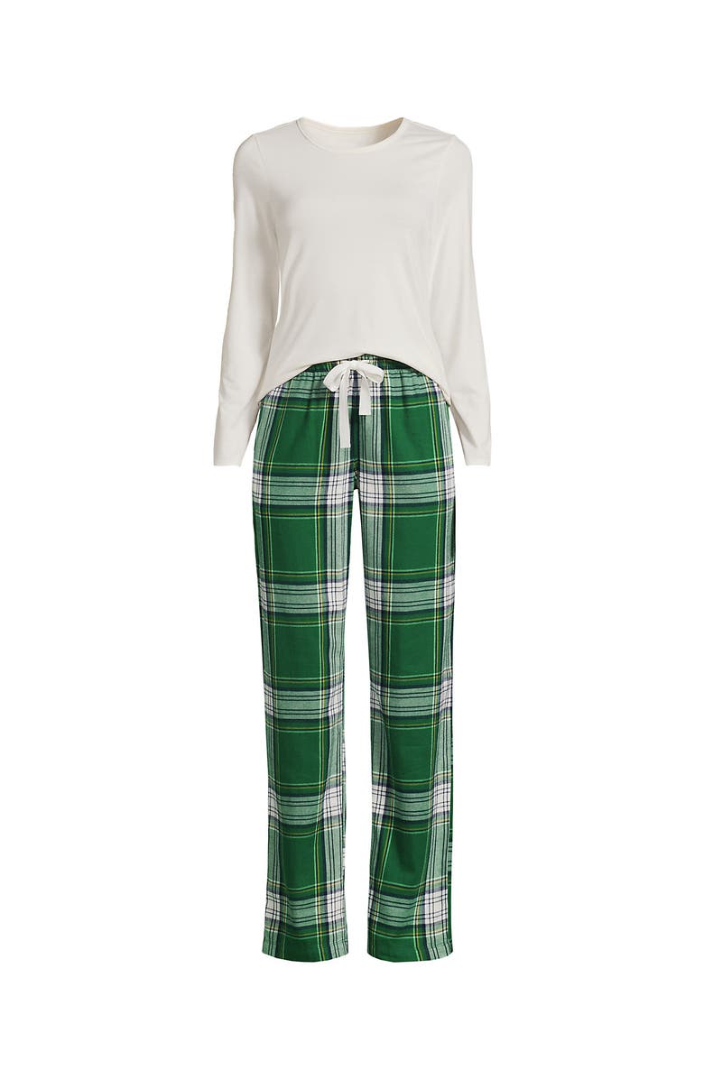 Lands' End Pajama Set Knit Long Sleeve T-Shirt and Flannel Pants, Alternate, color, Light Emerald Plaid