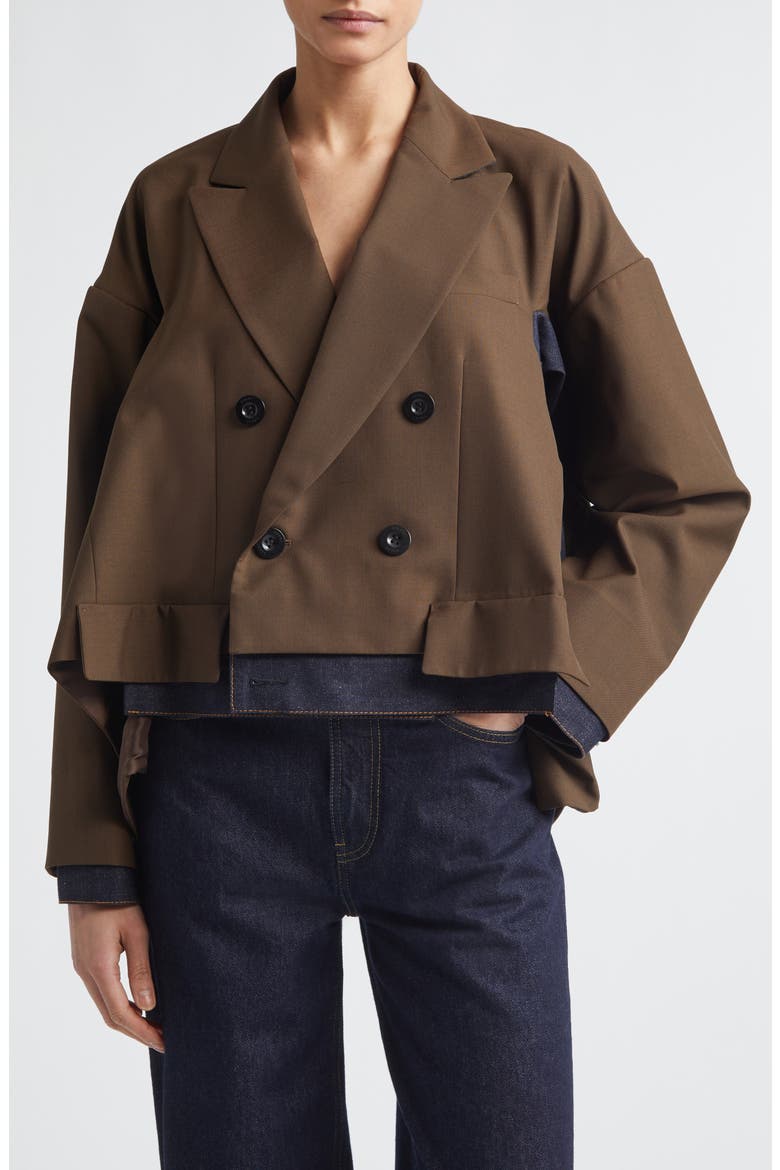 Double Breasted Suiting & Denim Jacket, Main, color, BROWN/ INDIGO