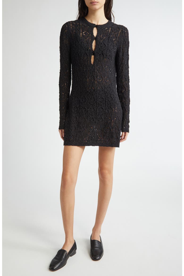 Evan Lace Stitch Long Sleeve Sweater Minidress, Main, color, BLACK