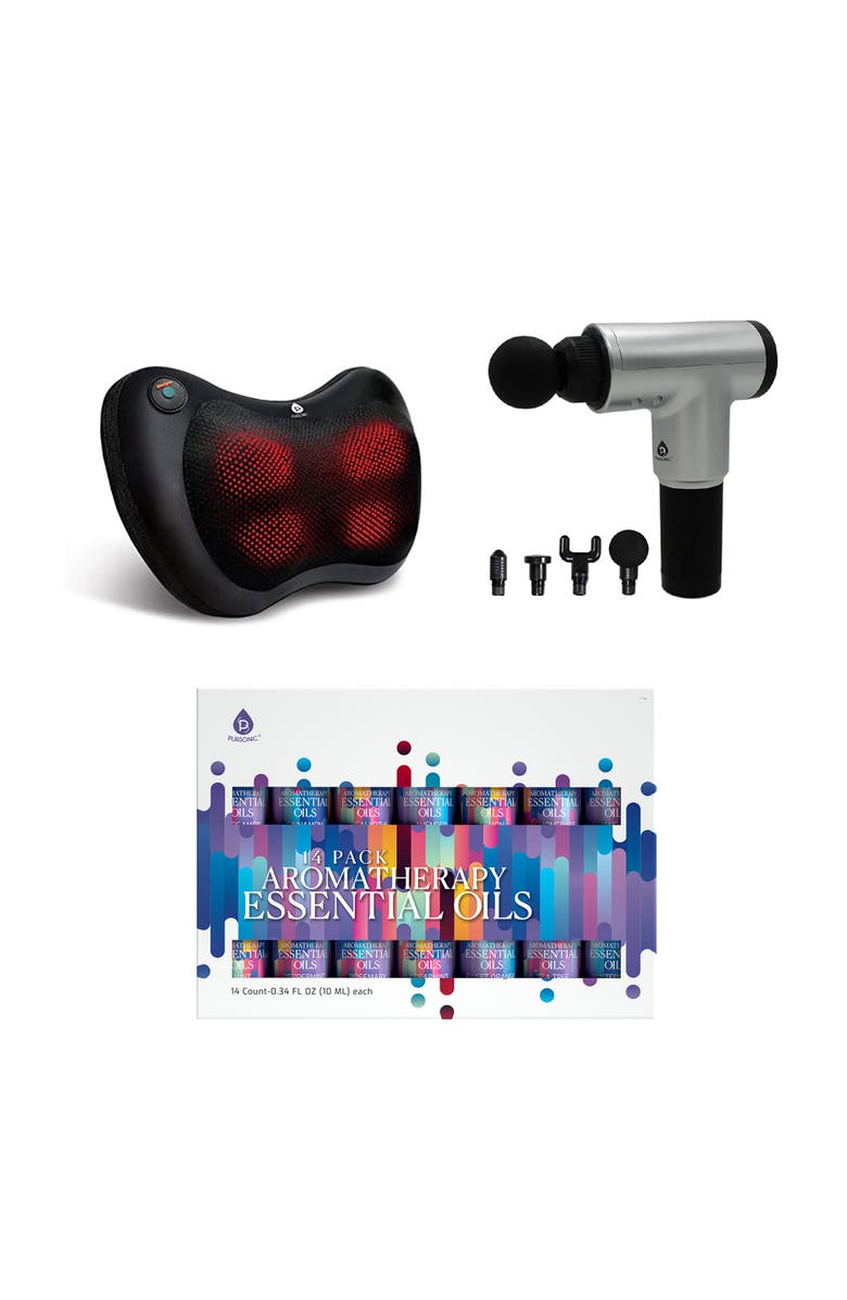 PURSONIC Ultimate Wellness Bundle 14 Essential Oils, Shiatsu Massager & Percussion Massage Gun, Main, color, Multicolor