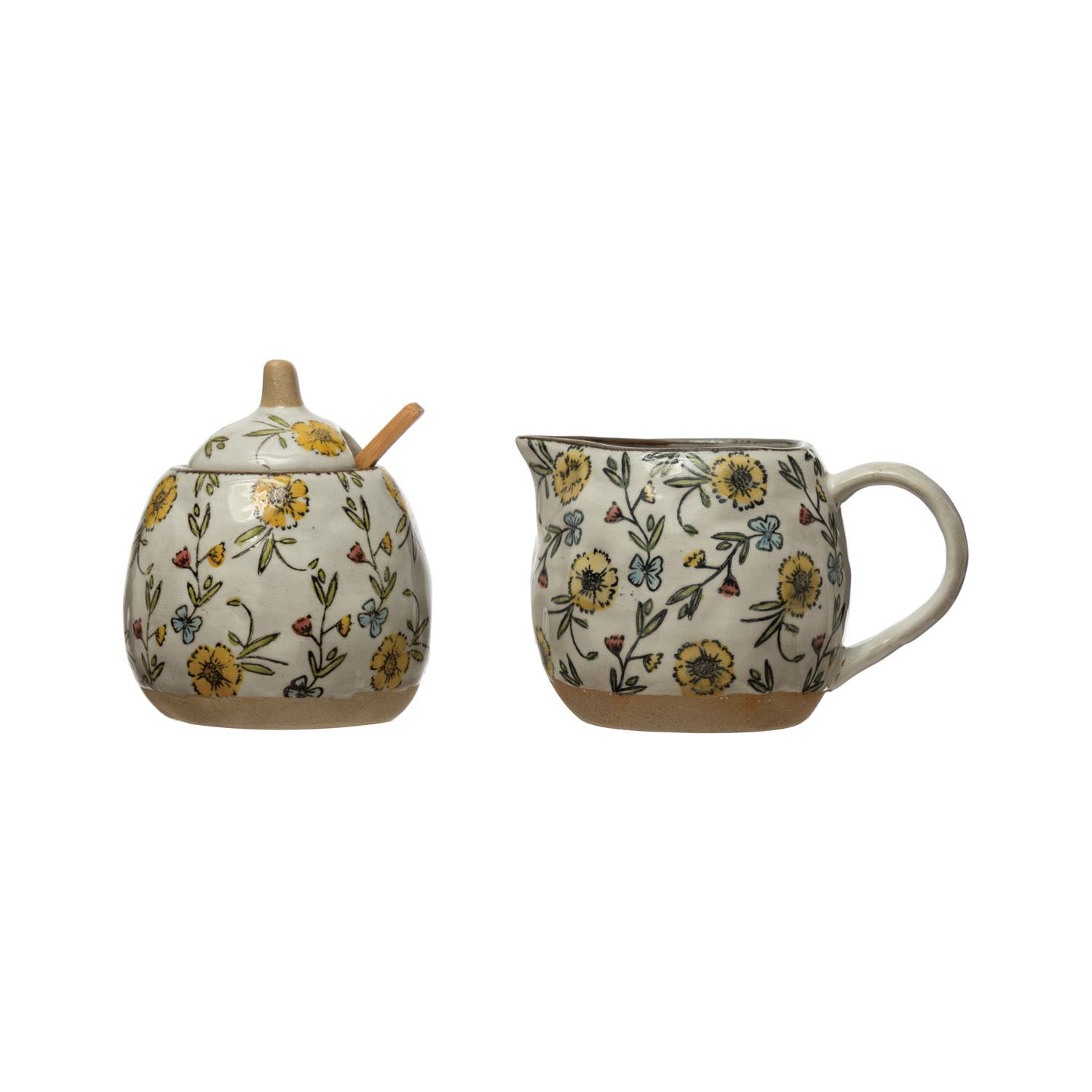 Storied Home Hand-painted Stoneware Sugar Pot And Stoneware Creamer With Lid And Wood Spoon, Multico