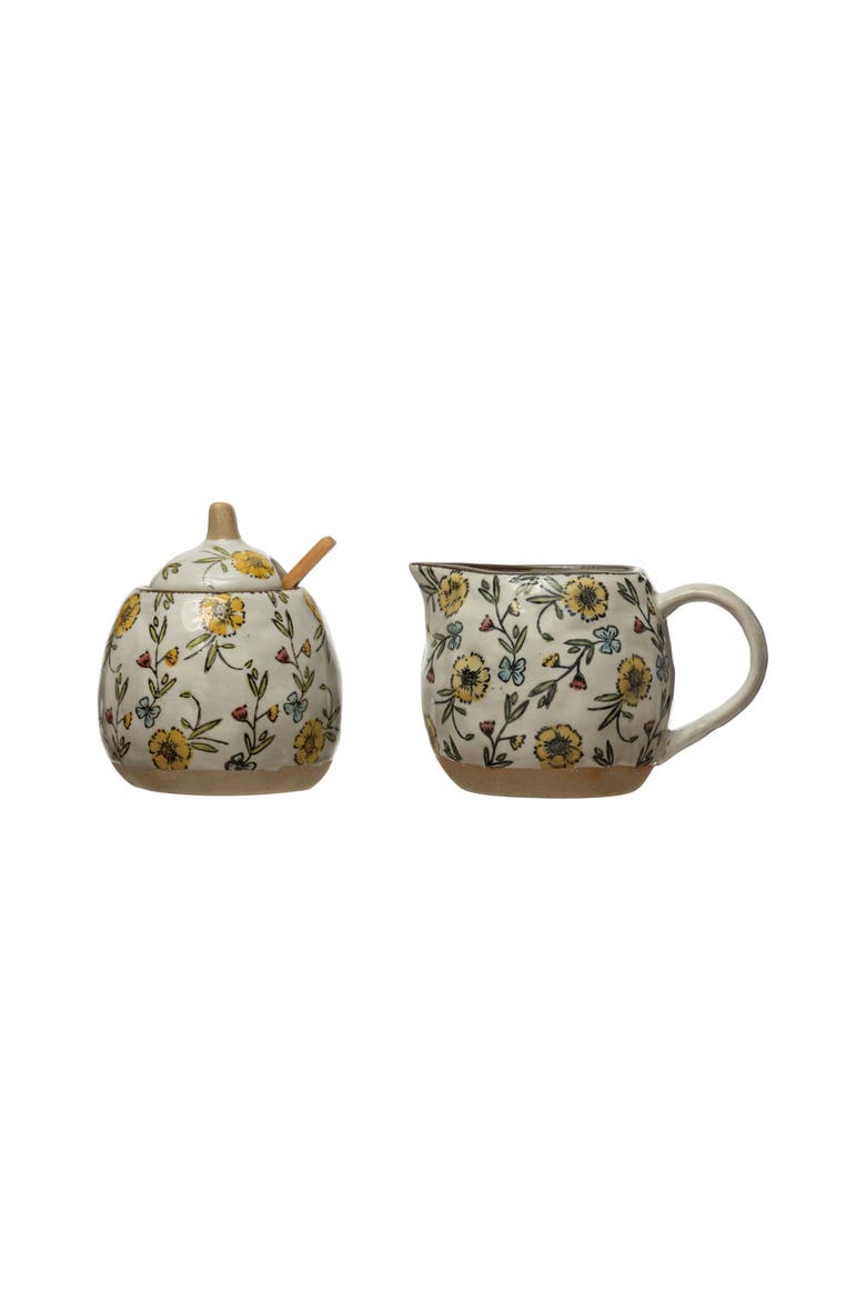 Hand-Painted Stoneware Sugar Pot and Stoneware Creamer with Lid and wood Spoon, Multicolor, Main, color, Blue