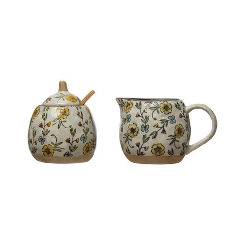 Hand-Painted Stoneware Sugar Pot and Stoneware Creamer with Lid and wood Spoon, Multicolor