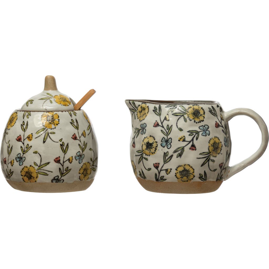 Storied Home Hand-painted Stoneware Sugar Pot And Stoneware Creamer With Lid And Wood Spoon, Multico