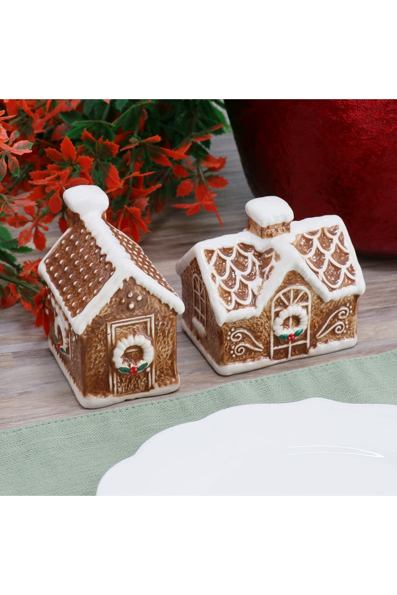 Ceramic Gingerbread House Salt and Pepper Shaker Set, Alternate, color, Brown