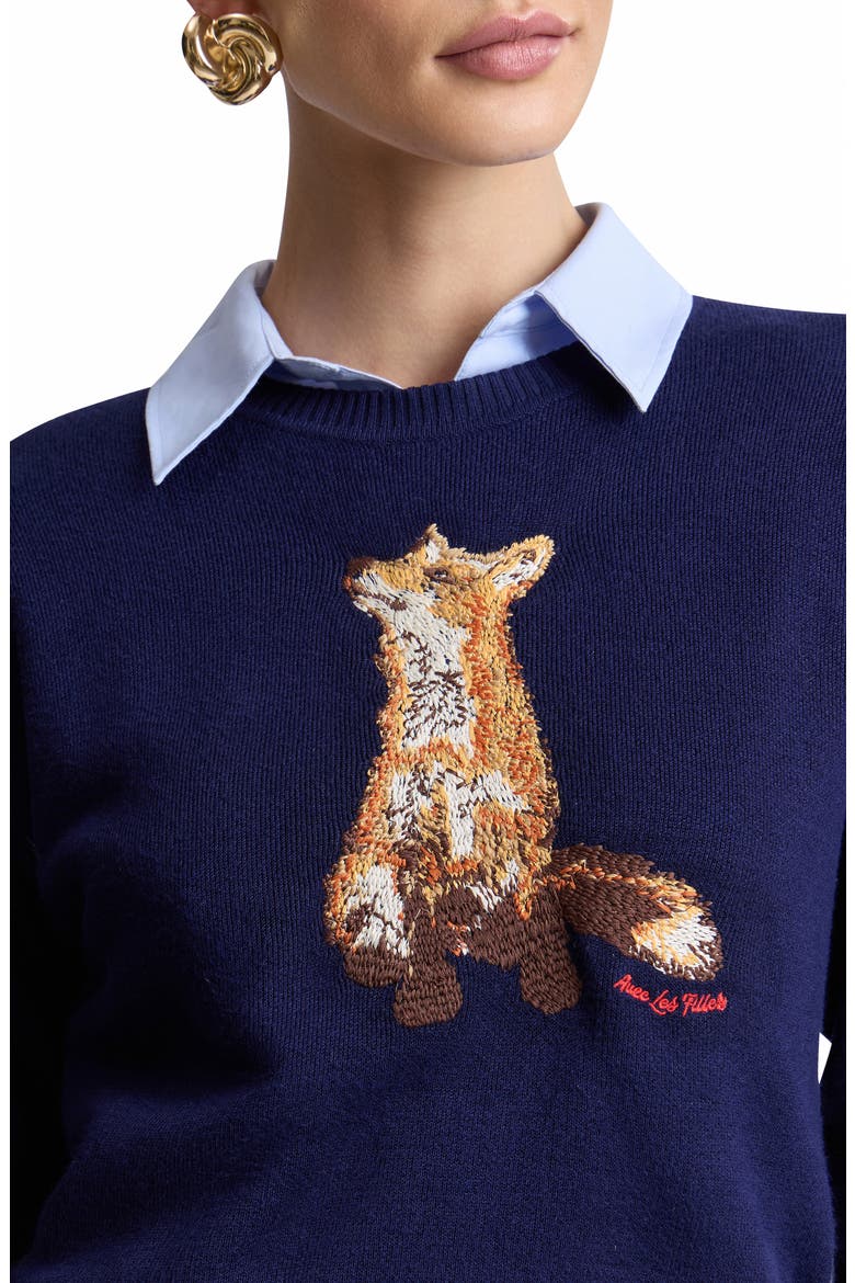 Fox Embroidered Crewneck Sweater, Alternate, color, NAVY FOX