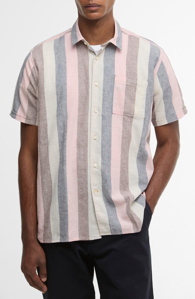 Barbour Portwell Stripe Summer Fit Short Sleeve Button-Up Shirt, Main, color, Pink