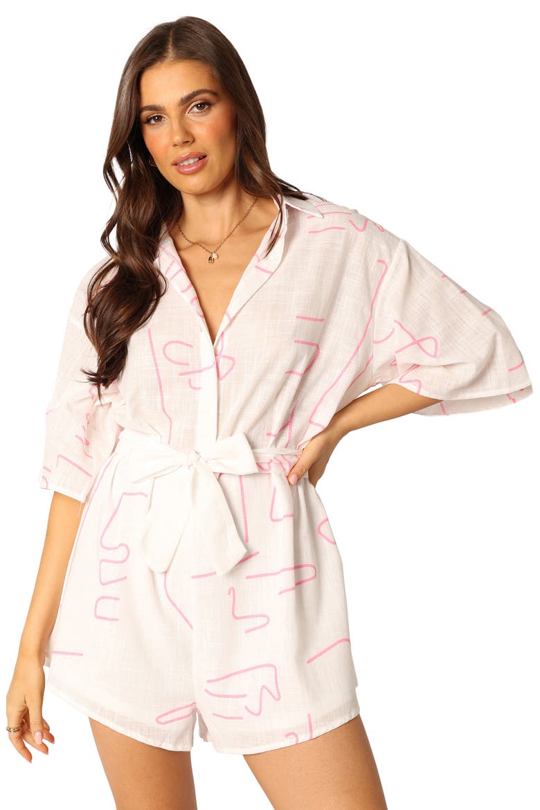 Kellie Tie Waist Cotton Romper, Alternate, color, WHITE